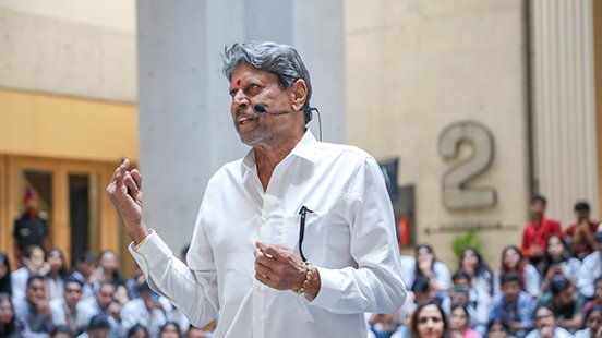 Kapil Dev addressing students on campus